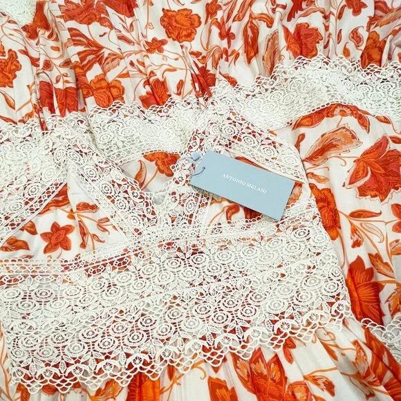 NWT Antonio Melani Red Orange and Ivory Floral Maxi Dress with Lace Size 2 - Picture 7 of 9